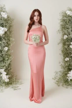 Amelia Maxi Bridesmaid Dress - Matte Apricot Pink -By Knitwear Shop AMELIA SATIN APRICOT 2909