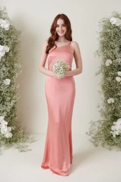 Amelia Maxi Bridesmaid Dress - Matte Apricot Pink -By Knitwear Shop AMELIA SATIN APRICOT 2918