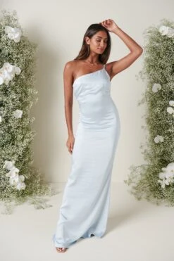 Amelia Maxi Bridesmaid Dress - Matte Ice Blue -By Knitwear Shop AMELIA SATIN BLUE 3829