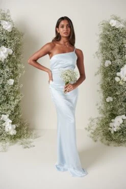 Amelia Maxi Bridesmaid Dress - Matte Ice Blue -By Knitwear Shop AMELIA SATIN BLUE 3835