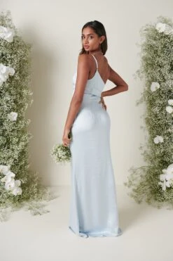 Amelia Maxi Bridesmaid Dress - Matte Ice Blue -By Knitwear Shop AMELIA SATIN BLUE 3870