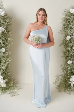 Amelia Tie Maxi Bridesmaid Dress - Matte Ice Blue -By Knitwear Shop AMELIA SATIN TIE BLUE 3958