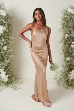 Amelia Tie Maxi Bridesmaid Dress - Matte Mocha -By Knitwear Shop AMELIA SATIN TIE MOCHA 4089