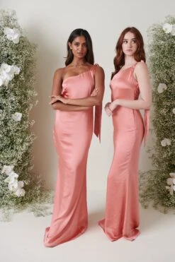Amelia Tie Maxi Bridesmaid Dress - Matte Apricot Pink -By Knitwear Shop AMELIA TIE APRICOT 2966