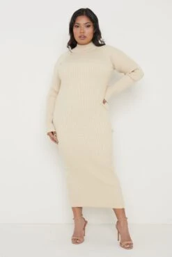 Abbey Ribbed Knit Dress - Light Beige -By Knitwear Shop Abbey Knit Dress Light Beige Curve 082