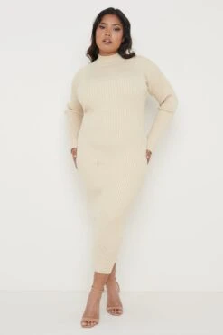 Abbey Ribbed Knit Dress - Light Beige -By Knitwear Shop Abbey Knit Dress Light Beige Curve 085