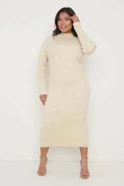 Abbey Ribbed Knit Dress - Light Beige -By Knitwear Shop Abbey Knit Dress Light Beige Curve 092