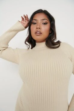 Abbey Ribbed Knit Dress - Light Beige -By Knitwear Shop Abbey Knit Dress Light Beige Curve 105