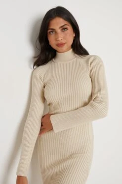Abbey Ribbed Knit Dress - Light Beige -By Knitwear Shop Abbey Midi Beige 2654