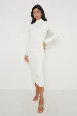 Abbey Ribbed Knit Dress - Cream -By Knitwear Shop Abbey Midi Cream 3406