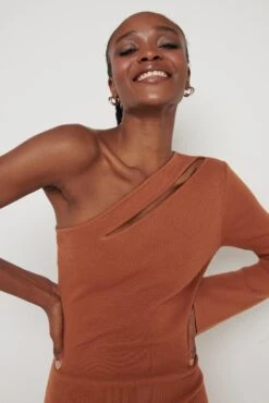 Alayah One Shoulder Midaxi Knit Dress - Ginger 9 Alayah One Shoulder Midaxi Knit Dress - Ginger -By Knitwear Shop Alayah One Shoulder Knit Dress Brown 1557