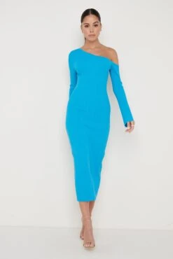 Anouska Asymmetric Knit Dress - Aqua Blue -By Knitwear Shop Anoushka Knit Dress Aqua Blue 2732