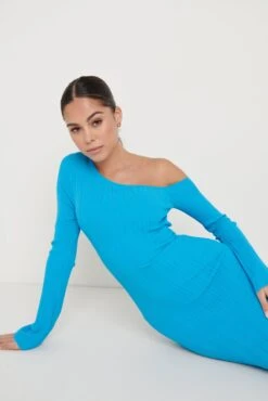 Anouska Asymmetric Knit Dress - Aqua Blue