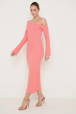 Anouska Asymmetric Knit Dress - Coral -By Knitwear Shop Anoushka Knit Dress Coral 2777