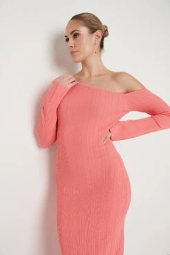 Anouska Asymmetric Knit Dress - Coral -By Knitwear Shop Anoushka Knit Dress Coral 2789