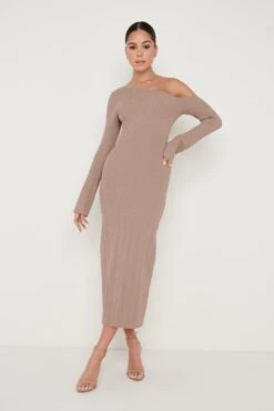 Anouska Asymmetric Knit Dress - Taupe -By Knitwear Shop Anoushka Knit Dress Taupe 637