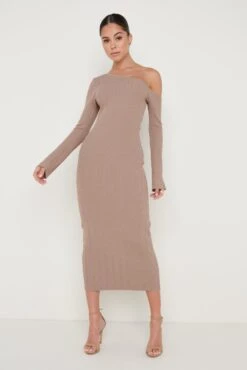 Anouska Asymmetric Knit Dress - Taupe -By Knitwear Shop Anoushka Knit Dress Taupe 642