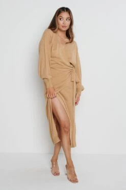 Beau Wrap Midi Dress - Camel -By Knitwear Shop Beau Camel 1998