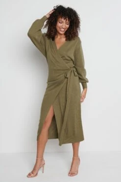 Beau Wrap Midi Dress - Olive Green -By Knitwear Shop Beau Khaki 2193