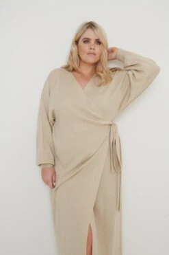 Beau Wrap Midi Dress - Beige 17 Beau Wrap Midi Dress - Beige -By Knitwear Shop Beau Wrap Dress Beige Curve39