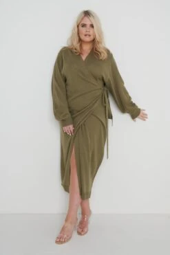 Beau Wrap Midi Dress - Olive Green -By Knitwear Shop Beau Wrap Dress Olive Curve44