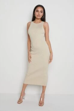 Billie Ribbed Racer Midi Dress - Beige -By Knitwear Shop Billie dress beige 418