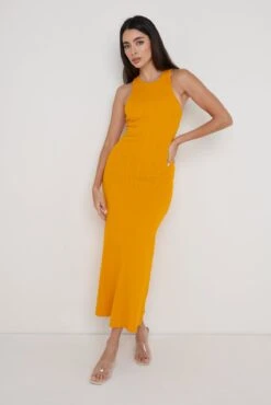 Bonnie Plisse Knit Midaxi Dress - Tangerine