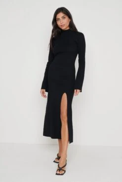 Brielle High Neck Midaxi Knit Dress - Black