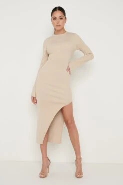 Celeste Slit Button Dress - Beige