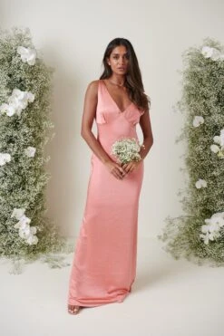 Esmee Maxi Bridesmaid Dress - Matte Apricot Pink -By Knitwear Shop ESME SATIN APRICOT 2855