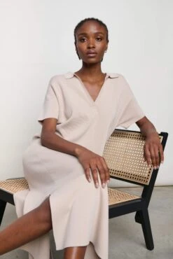 Elodie Collared Knit Dress - Beige