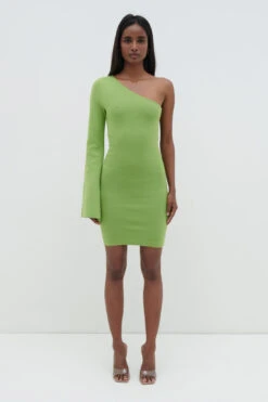 Faith One Shoulder Knit Mini Dress - Lime