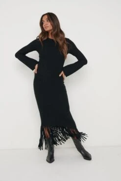Francoise Fringed Knit Maxi Dress - Black -By Knitwear Shop Francoise Fringed Dress Black 2723