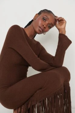 Francoise Fringed Knit Maxi Dress - Brown 11 Francoise Fringed Knit Maxi Dress - Brown -By Knitwear Shop Francoise Fringed Dress Brown 2634