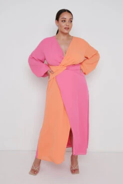 Frieda Knot Contrast Dress Curve - Orange And Pink