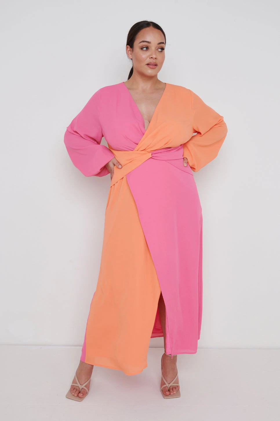 Frieda Knot Contrast Dress Curve - Orange And Pink 3 Frieda Knot Contrast Dress Curve - Orange And Pink