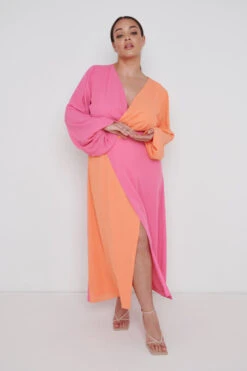 Frieda Knot Contrast Dress Curve - Orange And Pink 9 Frieda Knot Contrast Dress Curve - Orange And Pink -By Knitwear Shop Freida Knot Contrast Dress Pink Orange Curve 2301