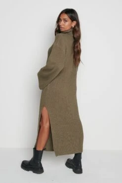 Hattie Ribbed Jumper Dress - Khaki -By Knitwear Shop Hattie Khaki 3525