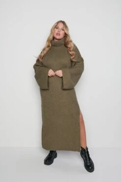 Hattie Ribbed Jumper Dress - Khaki -By Knitwear Shop Hattie dress green 1427