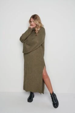 Hattie Ribbed Jumper Dress - Khaki -By Knitwear Shop Hattie dress green 1433