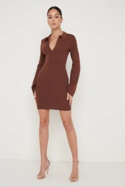 Hayden Mini Collared Knit Dress - Brown -By Knitwear Shop Hayden Mini Dress Brown 2451