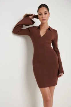 Hayden Mini Collared Knit Dress - Brown -By Knitwear Shop Hayden Mini Dress Brown 2463