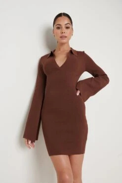 Hayden Mini Collared Knit Dress - Brown
