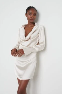 Iris Cowl Front Mini Dress - Oyster -By Knitwear Shop Iris Oyster 1268