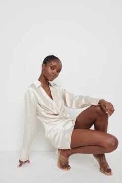 Iris Cowl Front Mini Dress - Oyster -By Knitwear Shop Iris Oyster 1312