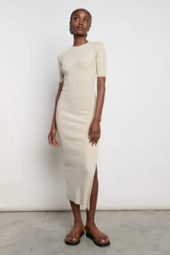 Jayla Knitted Slit Dress - Beige