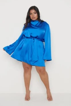 Jayda Recycled Cowl Neck Dress - Blue -By Knitwear Shop Jayda Dress blue Curve 2145