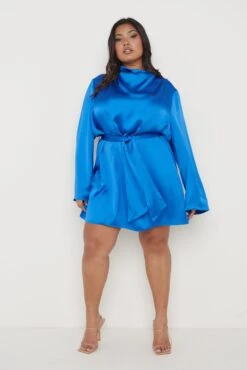 Jayda Recycled Cowl Neck Dress - Blue -By Knitwear Shop Jayda Dress blue Curve 2146