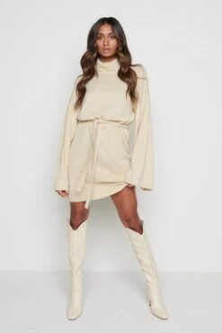 Jayda Knit Roll Neck Dress - Beige