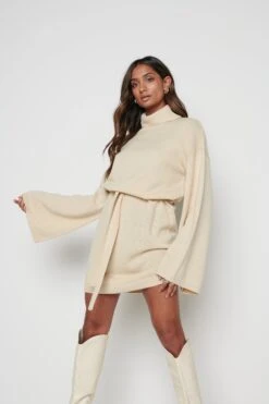 Jayda Knit Roll Neck Dress - Beige -By Knitwear Shop Jayda Roll Neck Beige 3970
